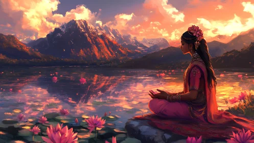 Woman meditating beside lotus lake under sunset mountains.