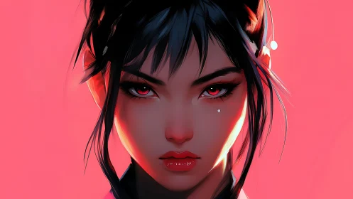 Digital portrait shows intense woman with glowing red eyes