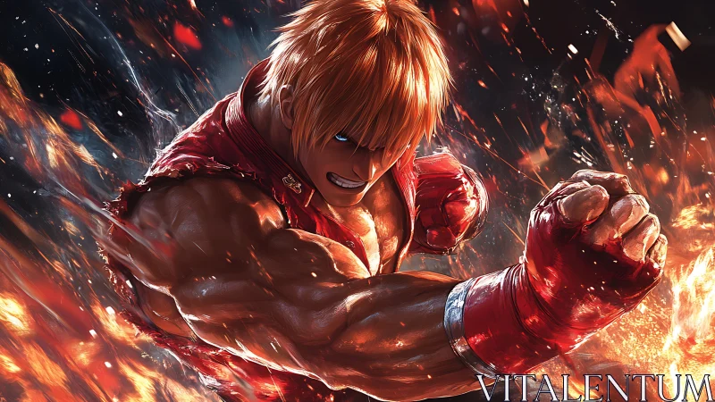 Muscular fighter with red gloves punches through glowing sparks
