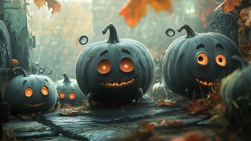 Smiling jack o lantern pumpkins on misty autumn path.