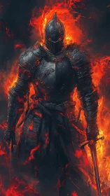 Armored fire knight strides through blazing inferno of war