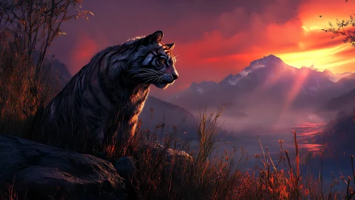 Sunset-lit tiger quietly watches over a glowing valley