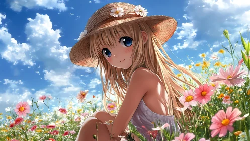 Anime summer portrait in high-saturation floral meadow lighting.