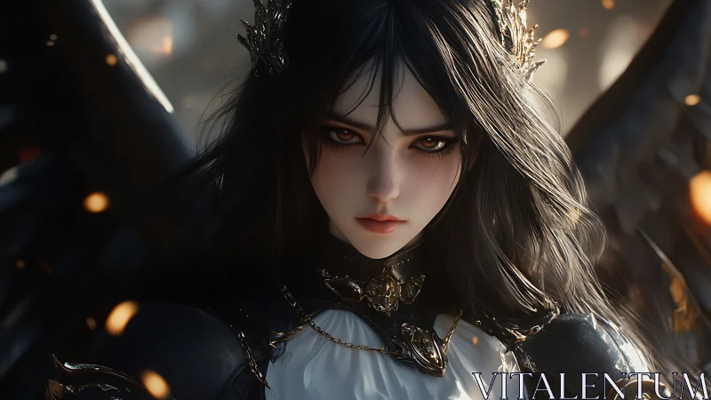 Dark winged guardian meets the viewer with unwavering calm