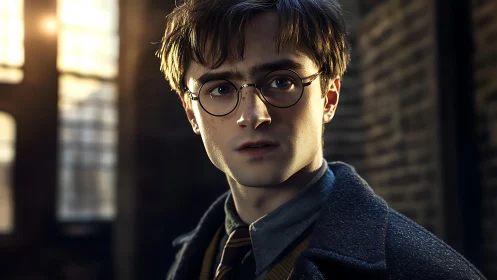 Young man with glasses in soft backlit urban interior.