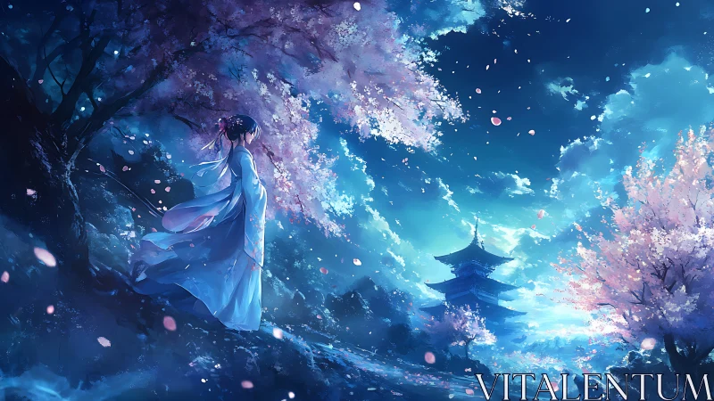 Moonlit shrine maiden beneath drifting sakura petals.