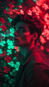 Moody young man glows softly in neon clover dreams