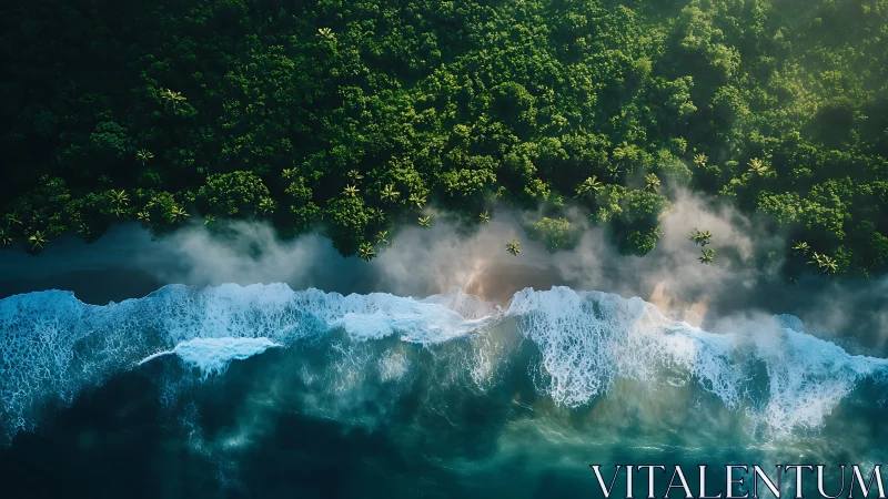 Mist-kissed jungle shoreline where emerald meets tide.