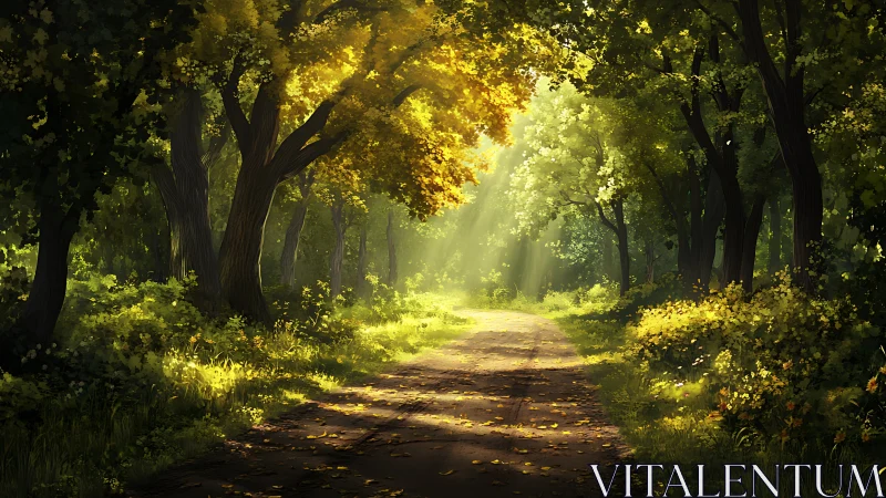 Sunlit woodland path with dappled foliage and warm haze.