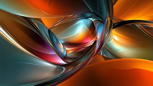 Vibrant Abstract 3D Render with Metallic and Glassy Swirls.
