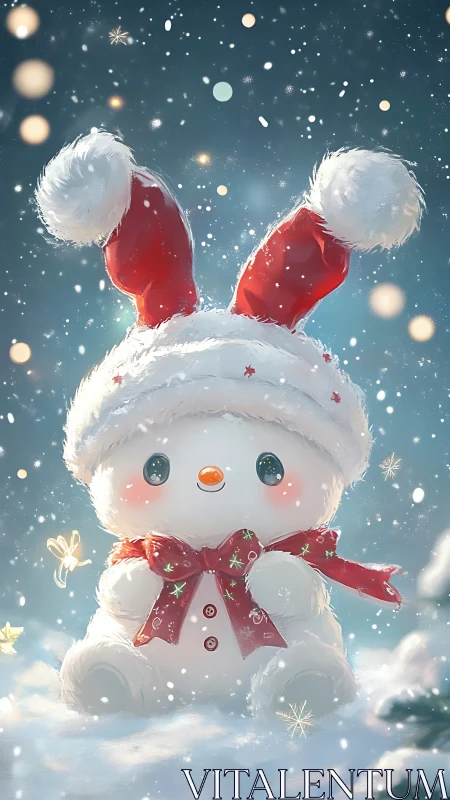 Snowman plush character sits in snowy scene at night