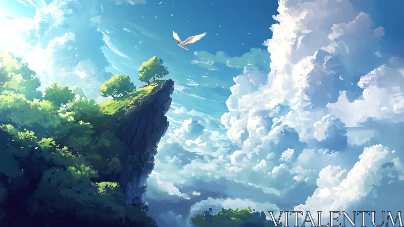 Soaring bird above sunlit cliff and luminous clouds.