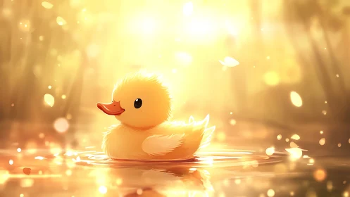 Golden duckling drifts through glowing sunlit water.