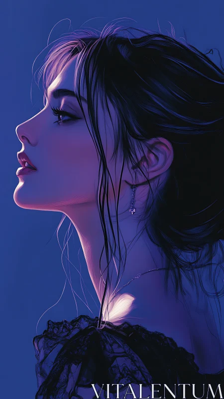 Moonlit profile of a dreamlit girl wrapped in violet hush.