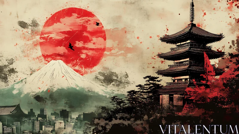 Japanese skyline blends Mount Fuji, pagoda, and rising sun.