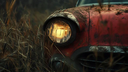 Rust-worn red car headlight glowing through tall grass.