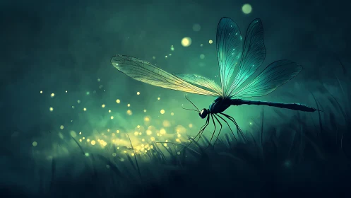 Dragonfly rests in glowing grass against teal night haze
