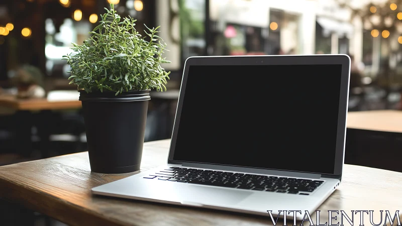 Open laptop and potted plant form balanced workspace vignette