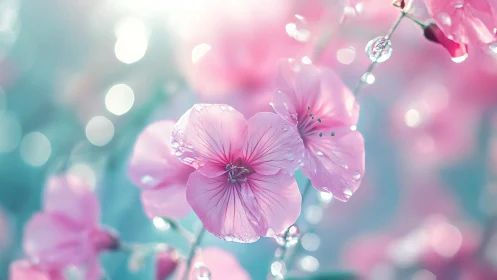 Pastel cherry blossoms with dewdrops in dreamy bokeh light.
