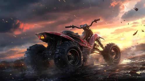 Roaring red ATV kicks up muddy sparks at a glowing sunset