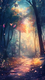 Enchanted Forest Path With Luminous Autumn Foliage And Glowing Particles