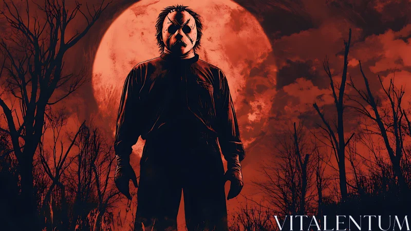 Lone masked figure under a brooding blood red moon.