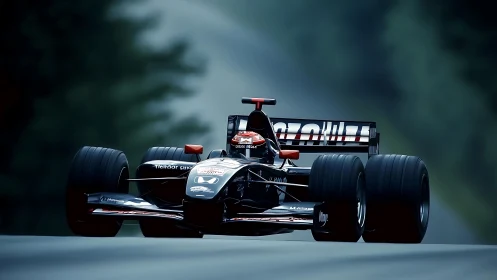 Sleek black Formula race car charges through misty circuit.