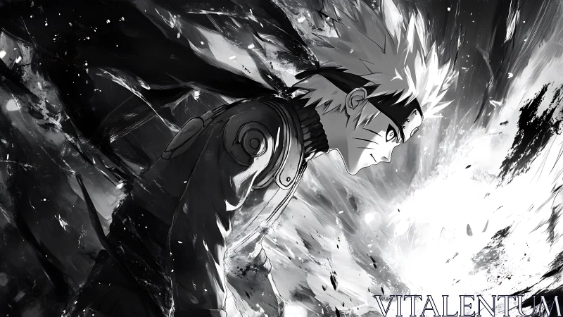 Dynamic monochrome anime hero amid explosive energy field.