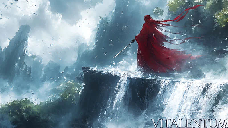 Red cloaked swordsman stands over misty cliff waterfall.