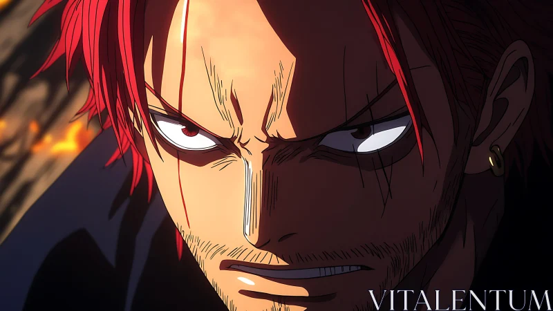 Close frontal view of red haired anime man in shadowed light.