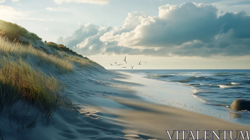 Low-angle coastal dunes under volumetric clouds and grazing light