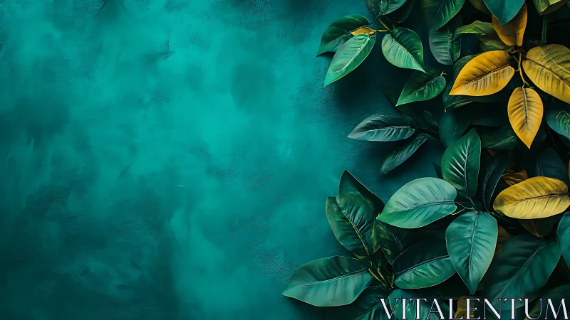Digital painting foliage on teal textured negative space wall.