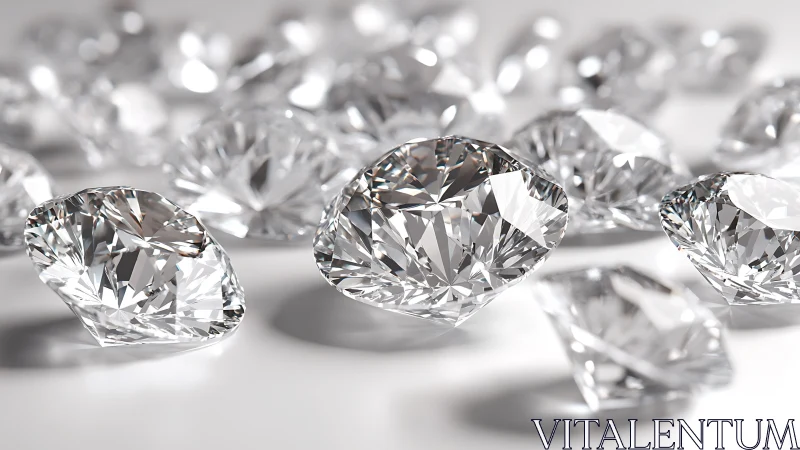 Loose round-cut diamonds scattered on reflective surface.