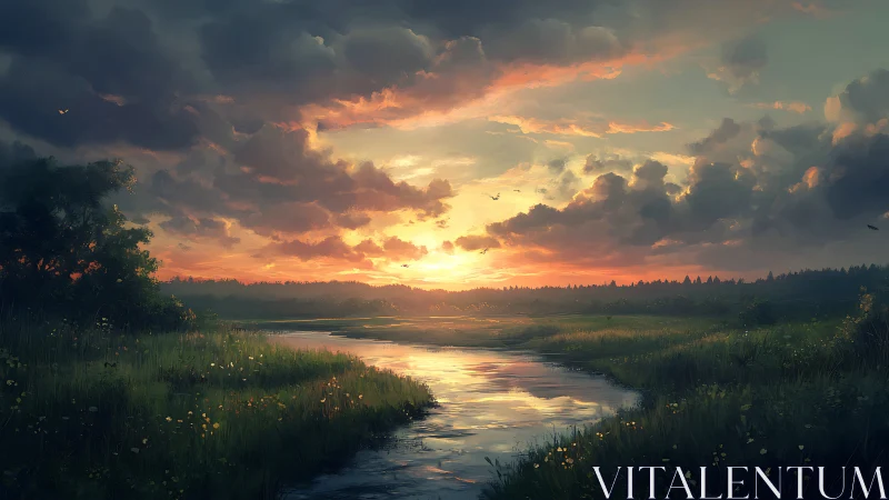 Sunlit river meadow captures atmospheric dusk cloudscape