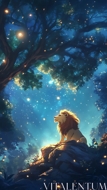 Starlit lion listens to the forest hum beneath glowing skies