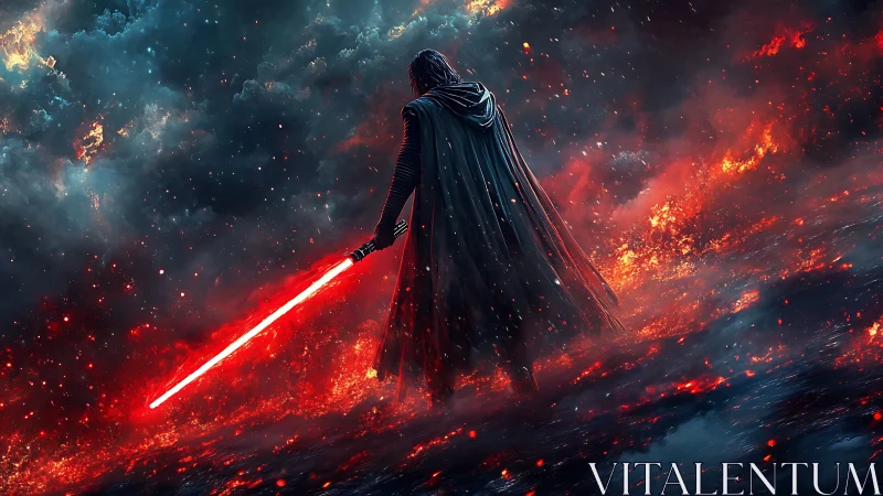 Dark warrior ignites blazing red energy blade amid chaos.