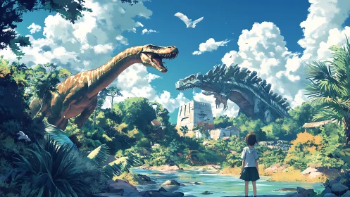 Child observing dinosaurs in lush tropical valley scene.