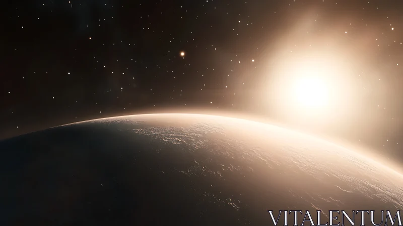 Sunlit planetary horizon with star field in deep space.