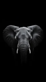 Elephant head portrait centered against deep black background