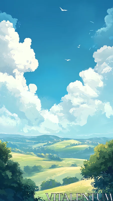 Expansive rolling hills under cumulus cloud formations.