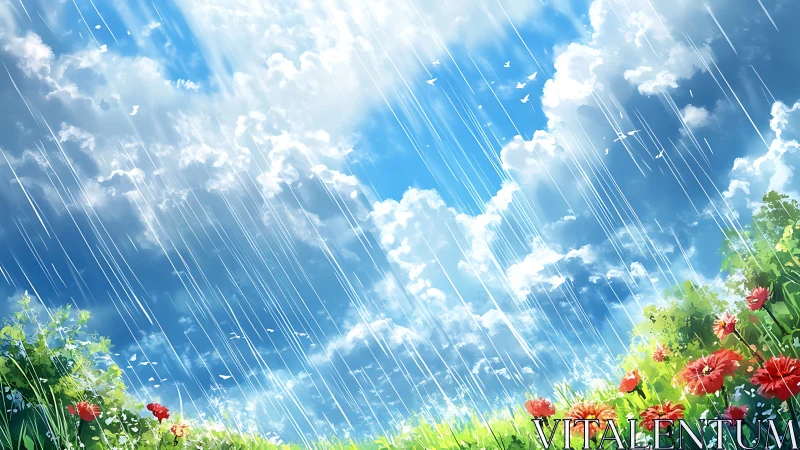 Rainwashed wildflower morning under a bright hopeful sky.