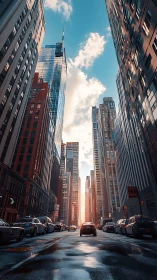 Sunlit urban canyon frames reflective wet city roadway