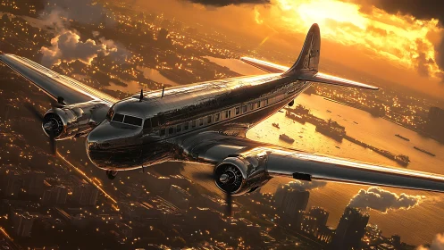Streamlined vintage airliner over sunlit coastal metropolis