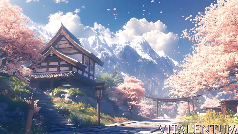 Cherry blossom mountain shrine basking in soft spring light.