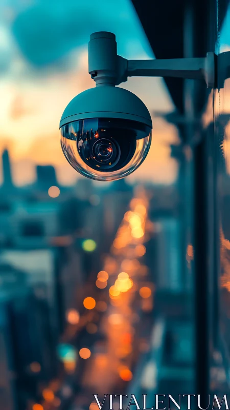 Security dome camera overlooking urban cityscape