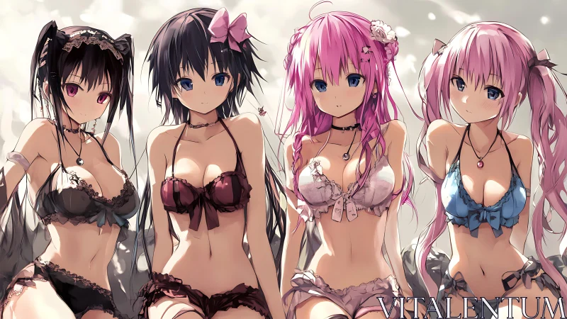 Symmetrical anime quartet rendered in high-detail lingerie styling