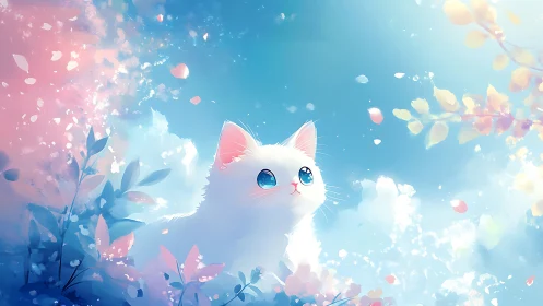 White Cat's Dreamy Sky Journey Among Floating Petals.