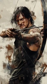 Battle-worn archer draws bow with intense forward focus