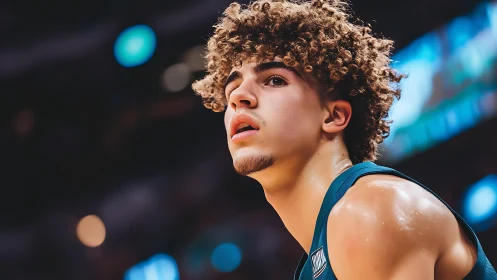 Curly-haired basketball player looks up under arena lights