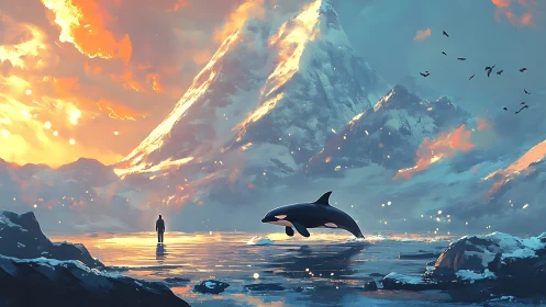 Human and orca stand on frozen shore below sunlit mountain
